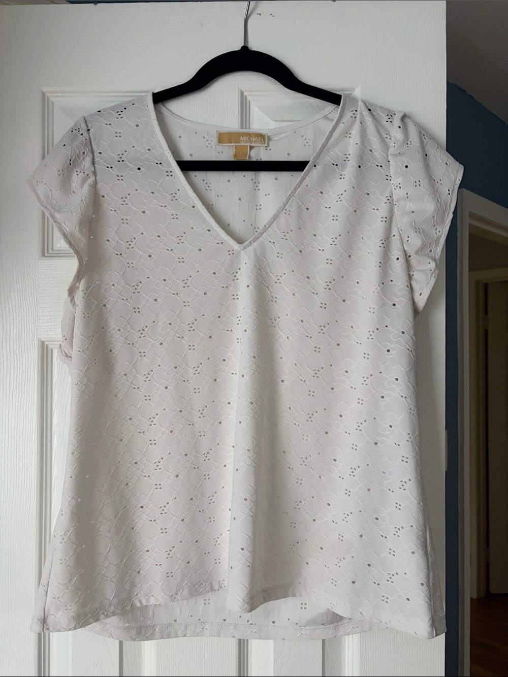 Michael Kors White Eyelet V-Neck Short Sleeve Blouse